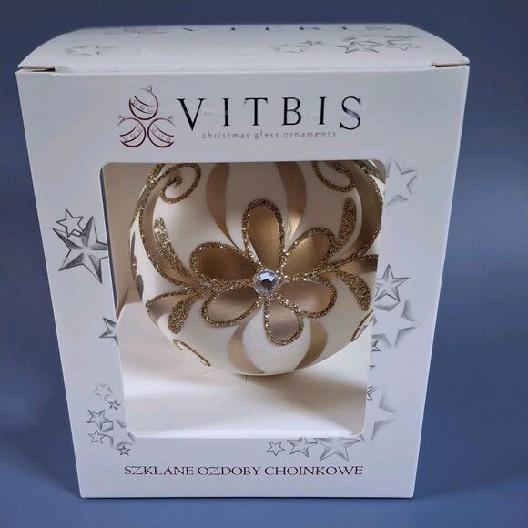 Vitbis Poland Hand Painted Decorated Round Glass Ornament Gold & White NIB NEW - Picture 1 of 3